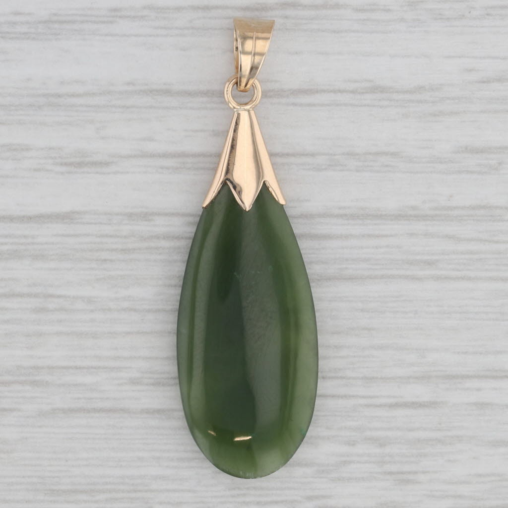 Gray Green Nephrite Jade Pendant 14k 12k Yellow Gold Teardrop