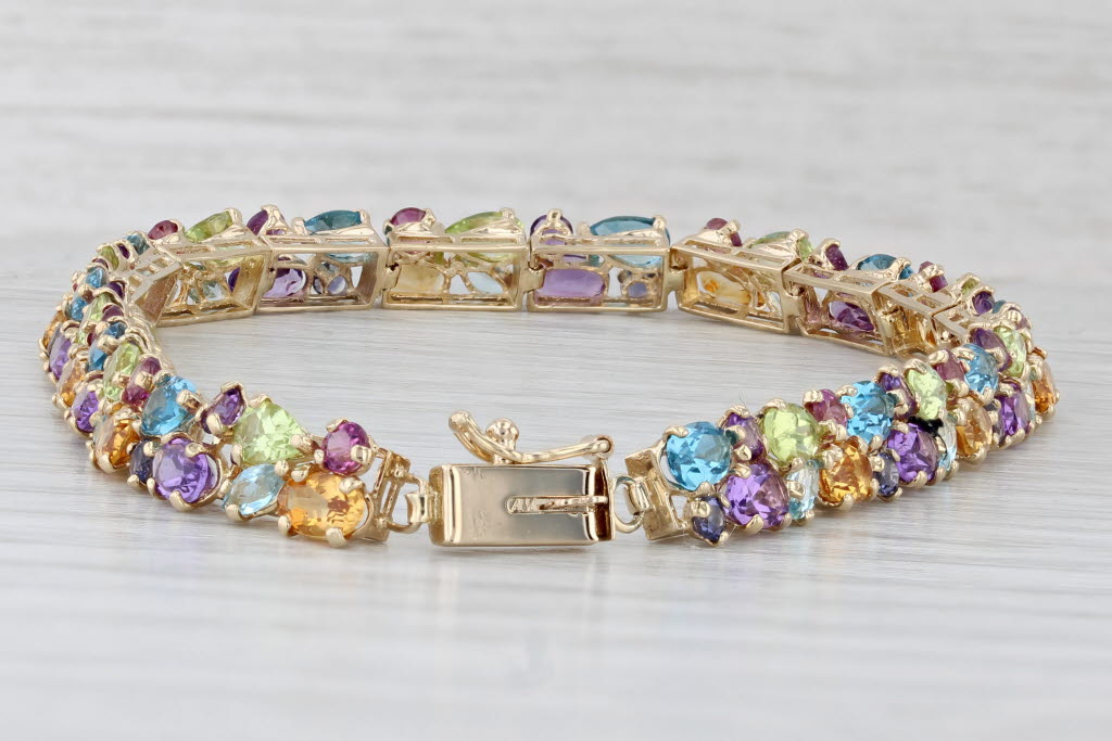 Light Gray 12.87ctw Gemstone Tennis Bracelet 14k Gold 8" Topaz Citrine Peridot Amethyst