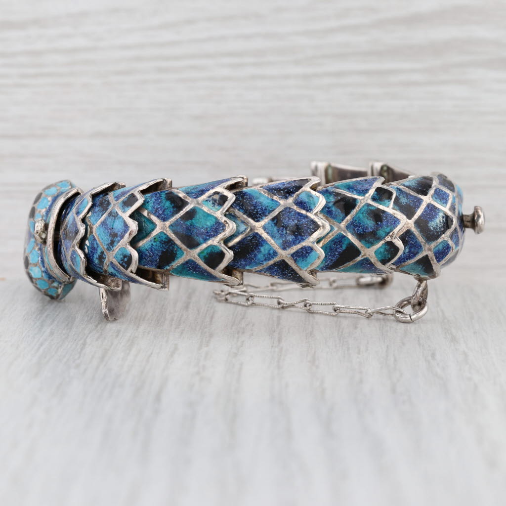 Snake Bangle Bracelet Jeronimo Fuonks Taxco Mexico Sterling Silver Enamel 7.75"