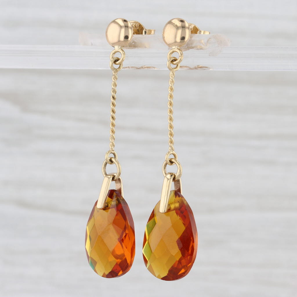 Vintage Orange Glass Teardrop Earrings 18k Yellow Gold Pierced Dangles
