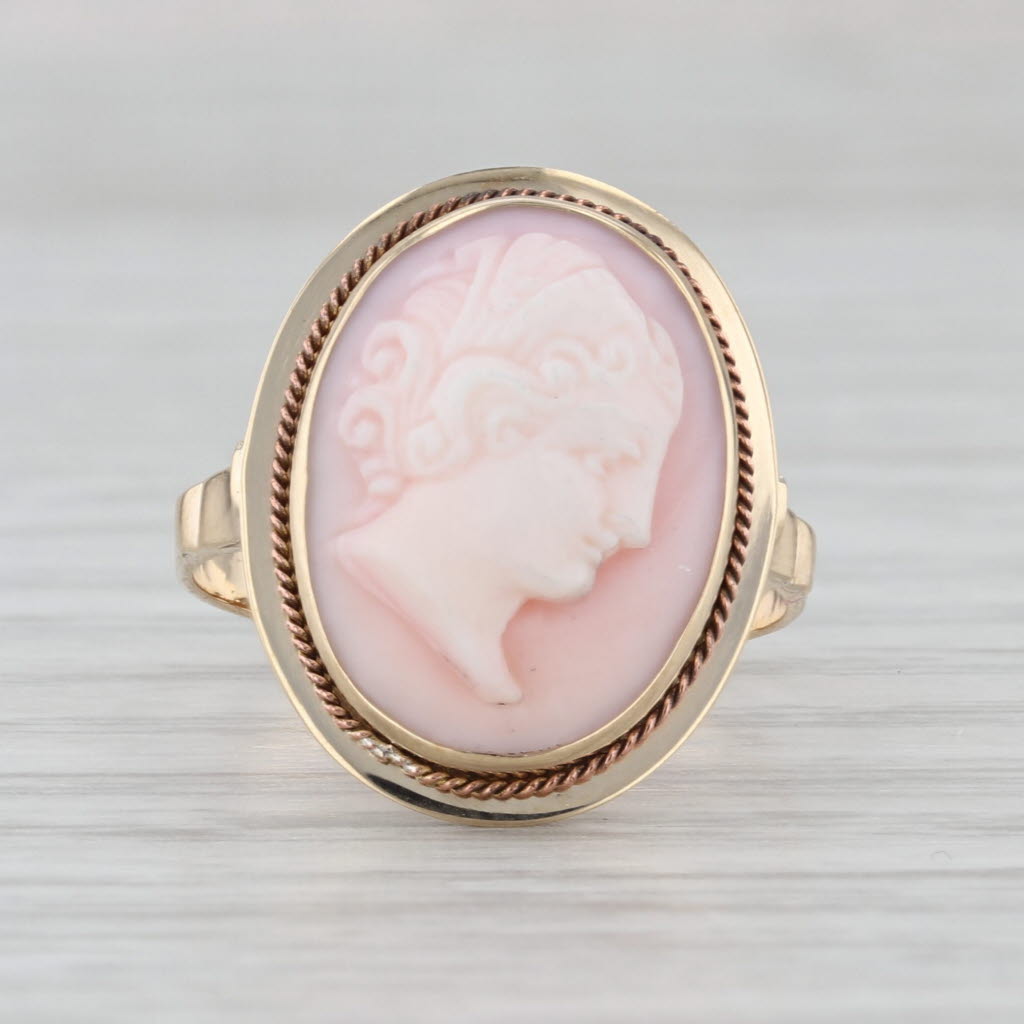 Vintage Cameo Ring 14k Yellow Gold Size 6.5 Pink Carved Shell