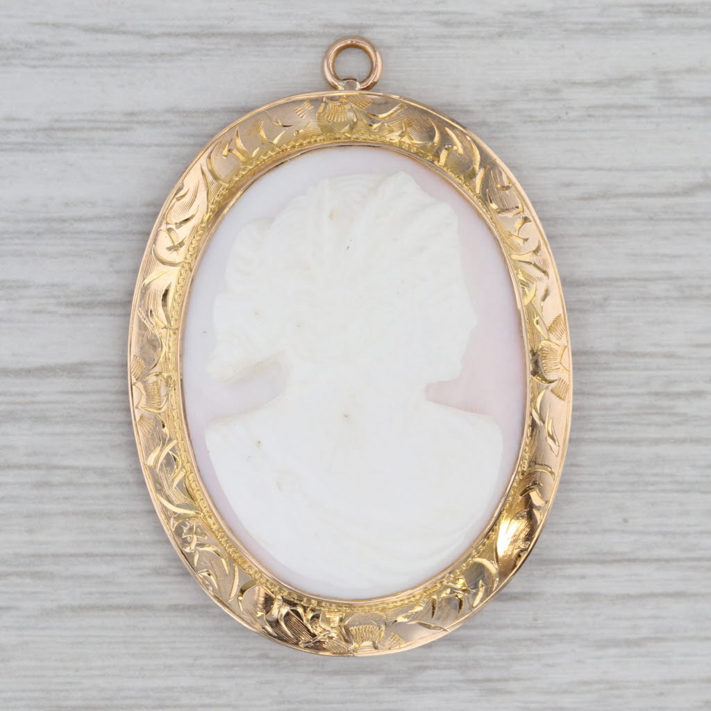 Gray Vintage Carved Shell Brooch Pendant 10k Yellow Gold Ornate Pin