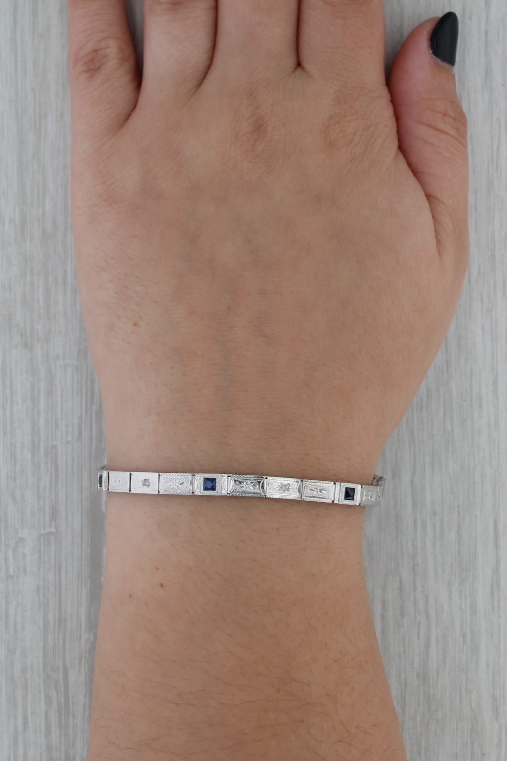 Art Deco Lab Created Sapphire Diamond Link Bracelet 6.75" 4.5mm