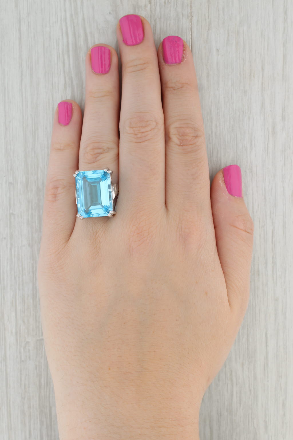 Gray 29ct Emerald Cut Blue Topaz Solitaire Ring 14k White Gold Size 7.5 Cocktail