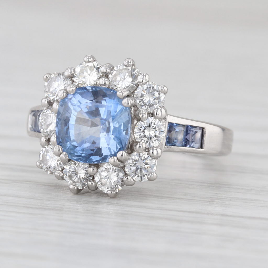 3.88ctw Blue Sapphire Diamond Halo Ring 18k White Gold Size 6 Cocktail