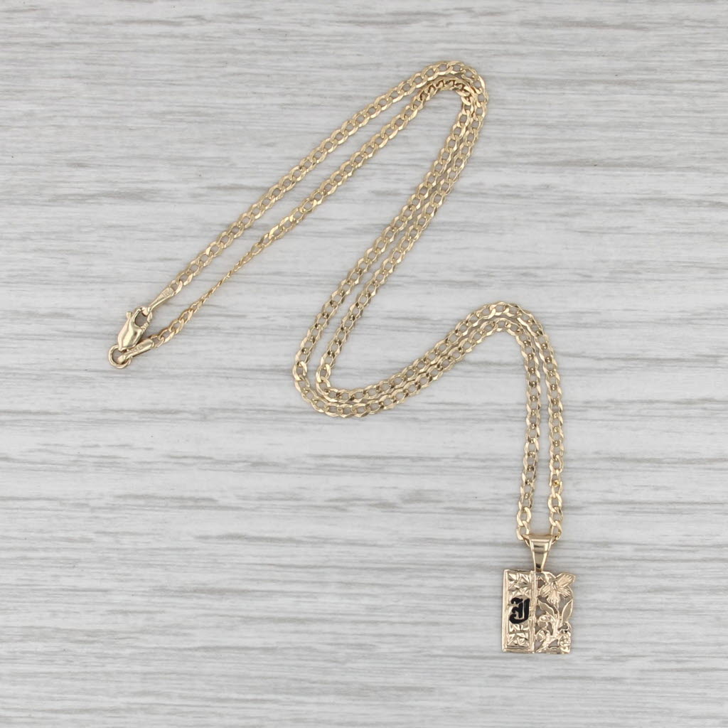Hawaiian Style Old English J Floral Pendant Necklace 14k Gold 14" Curb Chain