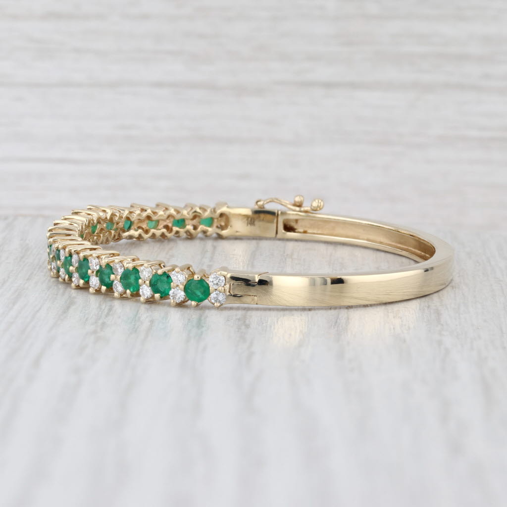 3ctw Emerald Diamond Bangle Bracelet 14k Yellow Gold Hinged 6.5"