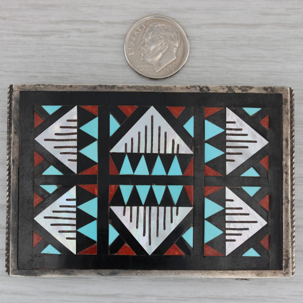 Dark Gray Native American Belt Buckle Sterling Silver Stone Mosaic Zuni Vintage