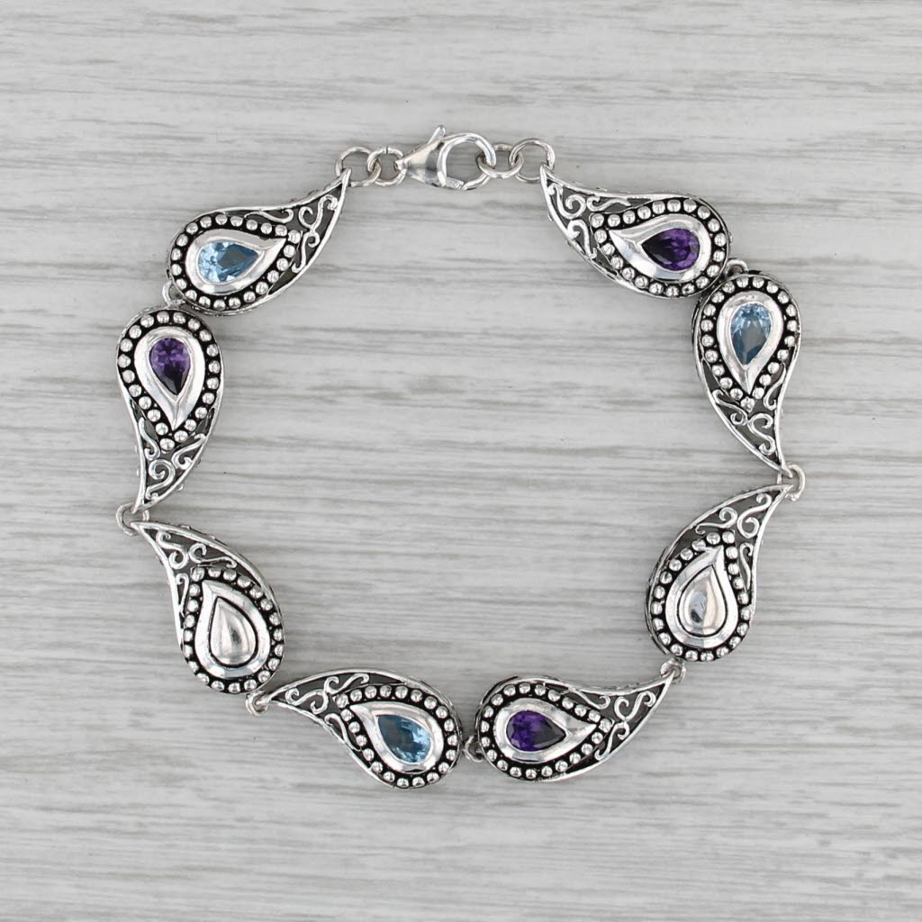 Blue Lab Created Purple Cubic Zirconia Bracelet Sterling Silver 7.5" 10.7mm