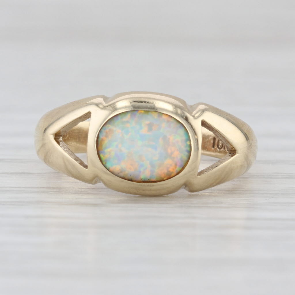 Lab Created Opal Cabochon Solitaire Ring 10k Yellow Gold Size 7.5