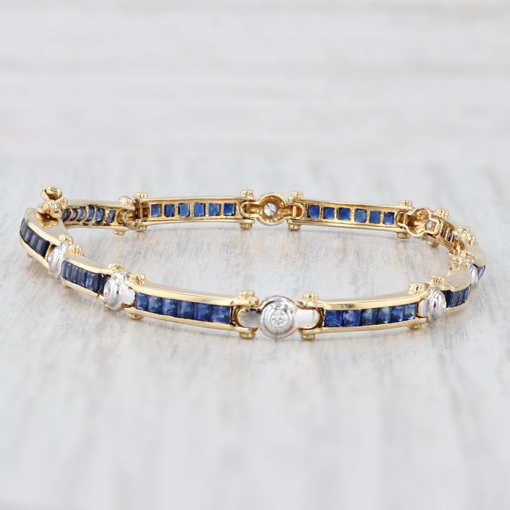 Light Gray 2.60ctw Blue Sapphire Diamond Bar Link Tennis Bracelet 18k Yellow Gold 6.75"
