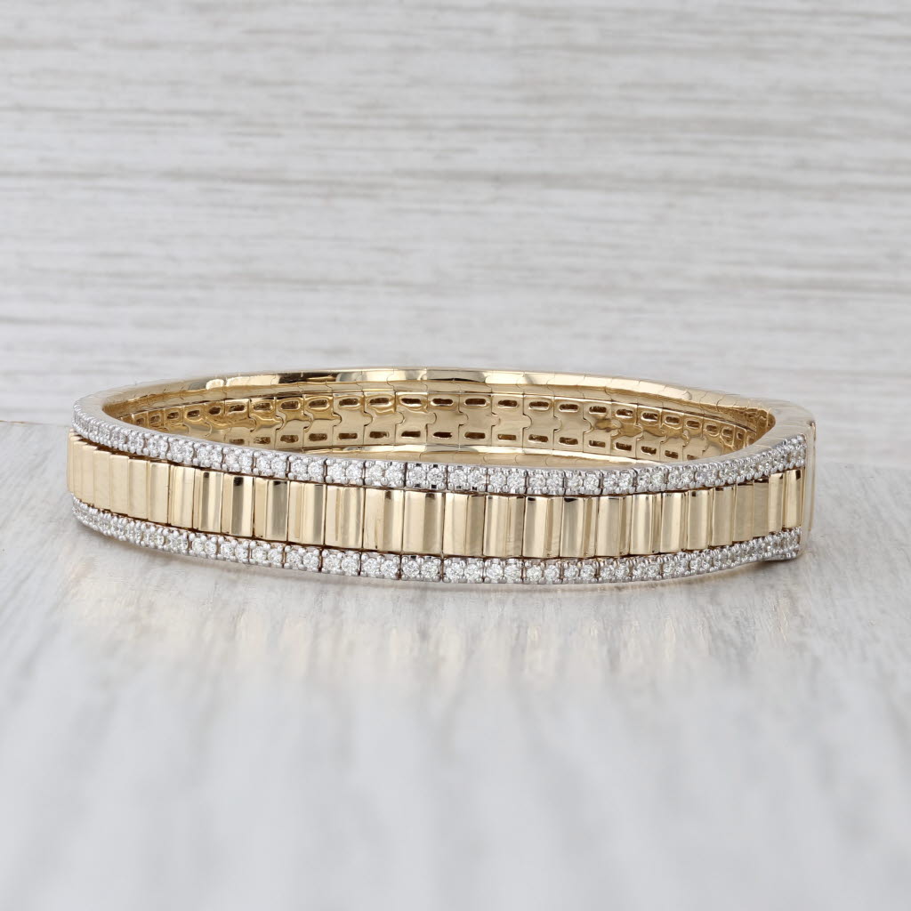 New 1ctw Diamond Beveled Flexible Bangle Bracelet 14k Yellow Gold 6.25" 7.8mm