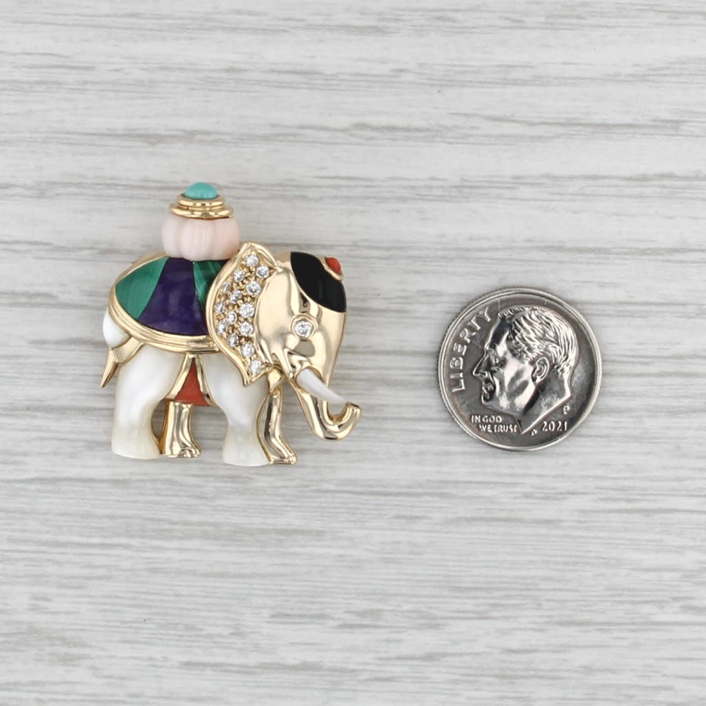 Asch Grossbardt Ornate Stone Mosaic Elephant Brooch 14k Gold Diamond