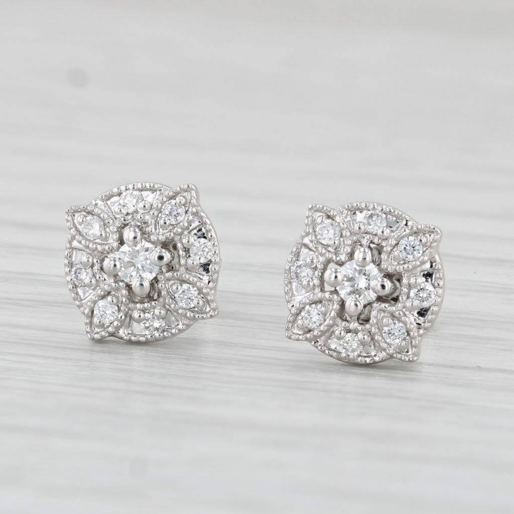 Light Gray New 0.20ctw Diamond Flower Stud Earrings 14k White Gold Small Pierced Studs