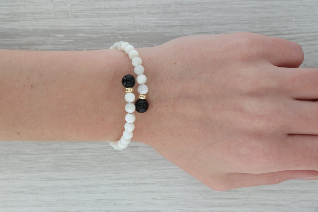 Rosy Brown Mother of Pearl Onyx Bead Adjustable Bangle Bracelet 14k Gold 6.25"+