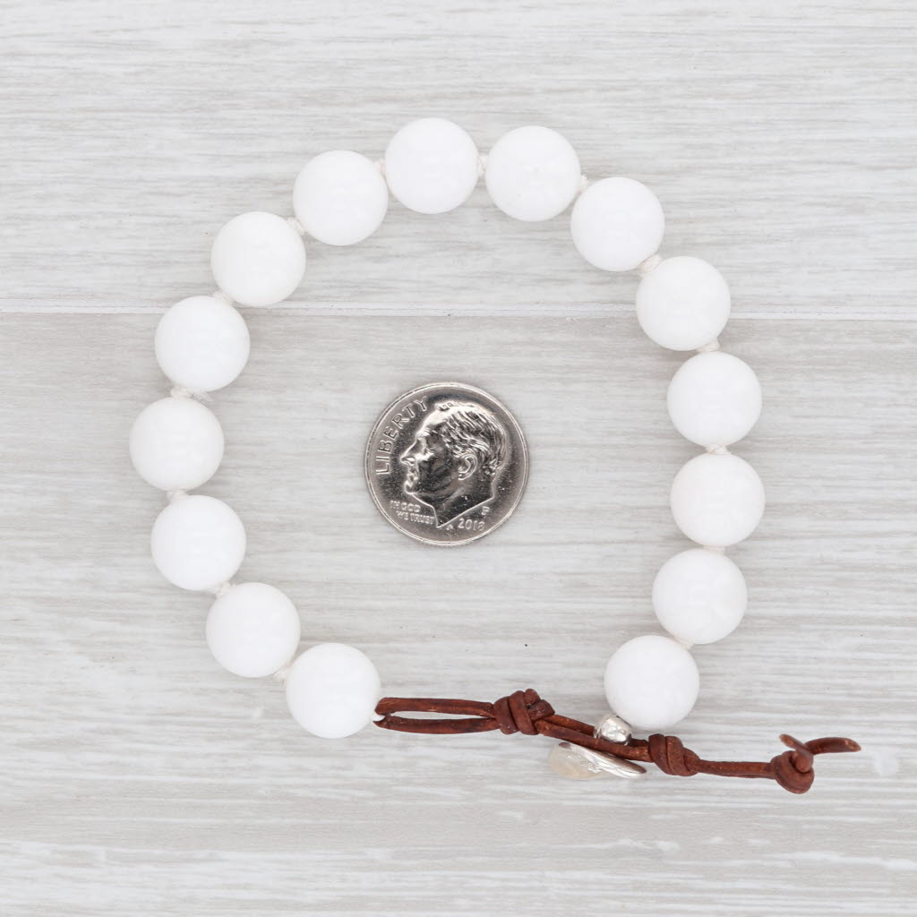 Light Gray White Marble Bead Bracelet Sterling Silver Toggle Clasp Leather Strand 7"