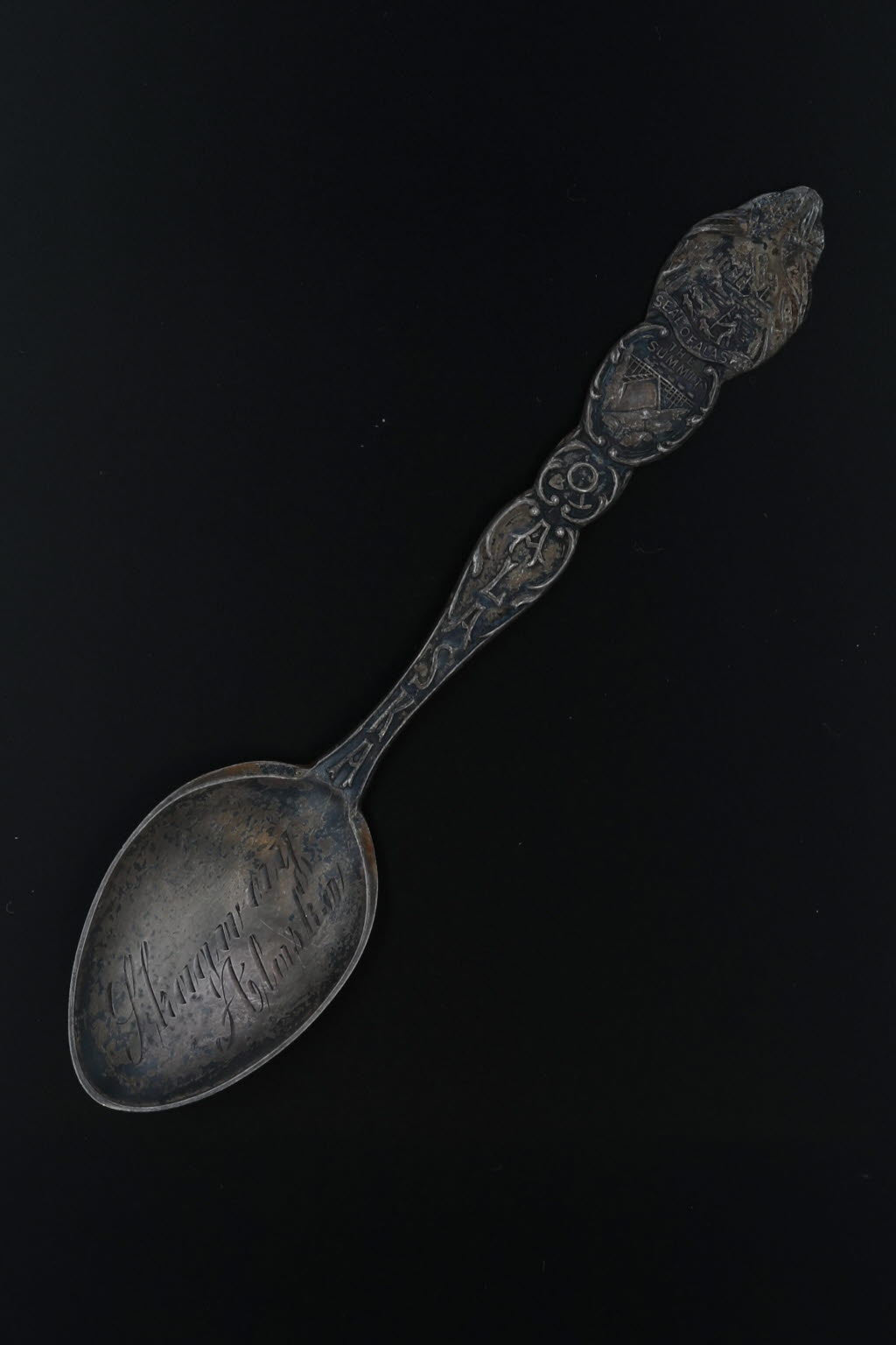 Black Antique Skagway Alaska Souvenir Spoon Sterling Silver 4” Mayer Bros