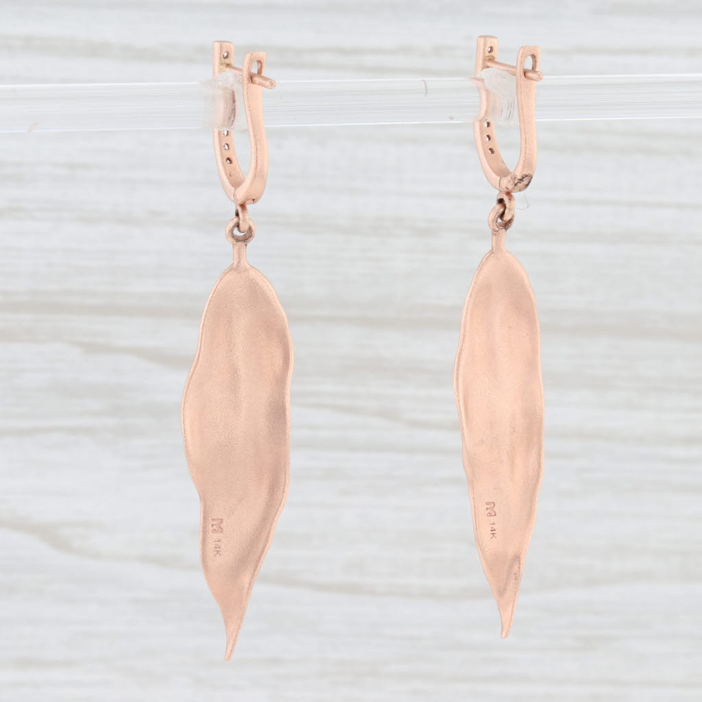 Light Gray New Leaf Dangle Earrings 14k Rose Gold Diamond Accents Pierced Drops