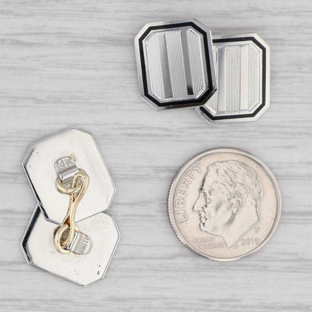 Light Gray Vintage Cufflinks 14k White Gold Enamel White Hallmark