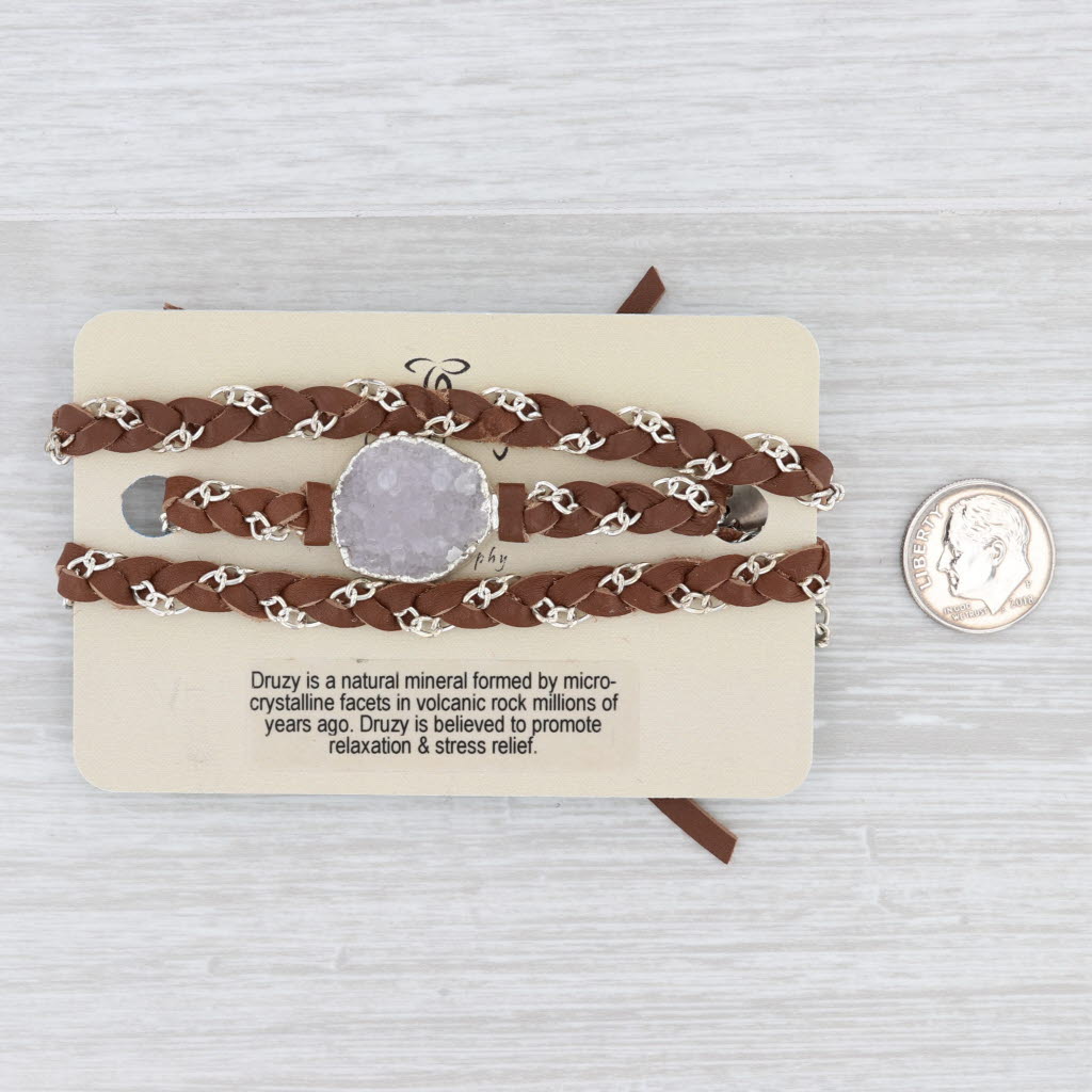 Light Gray New Cordelia Nina Nguyen Necklace Woven Brown Leather Tags Druzy Quartz