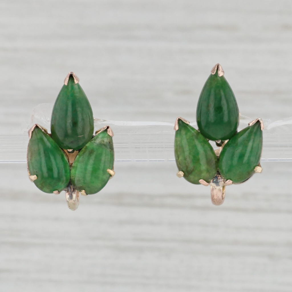 Light Gray Vintage Green Jadeite Jade Earrings 14k Yellow Gold Non Pierced Screw Back