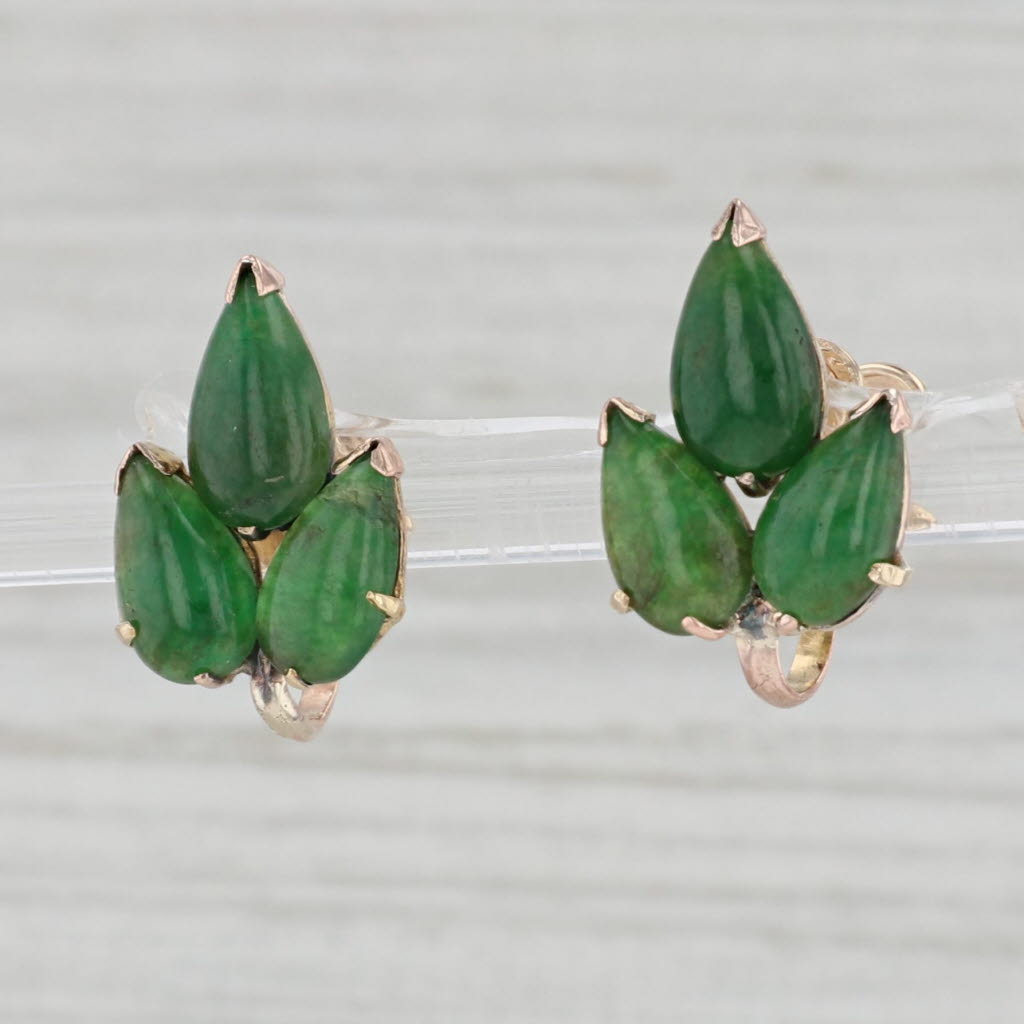Light Gray Vintage Green Jadeite Jade Earrings 14k Yellow Gold Non Pierced Screw Back
