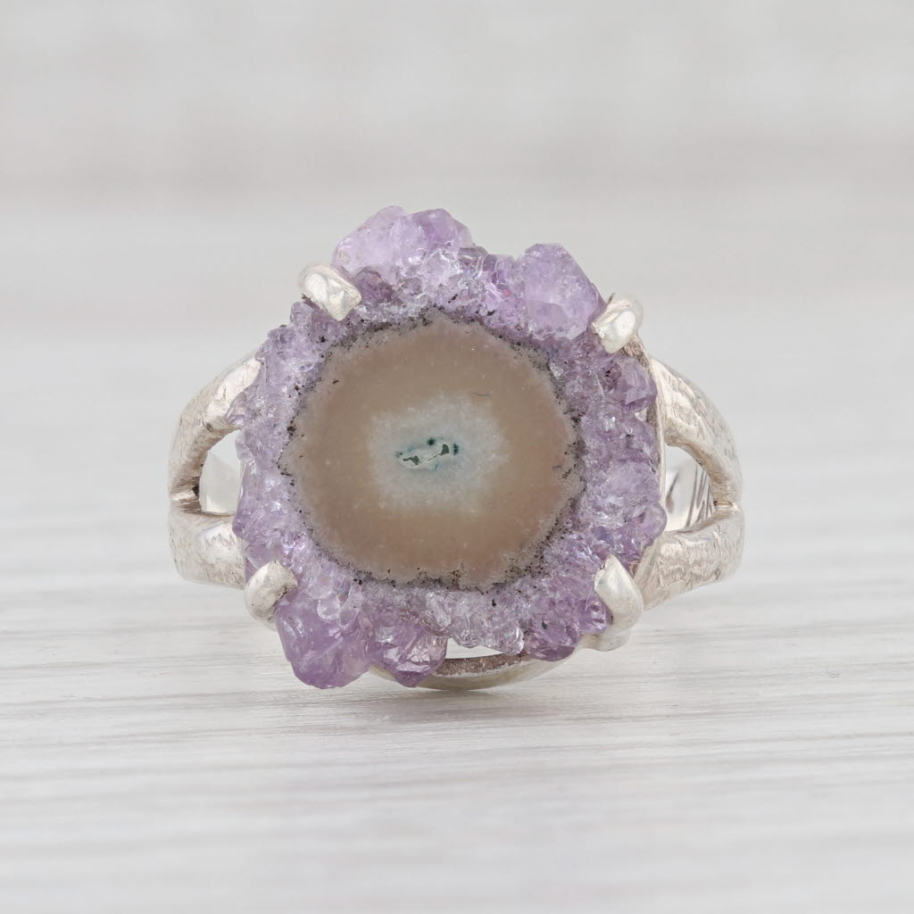 Light Gray New Nina Nguyen Amethyst Geode Slice Sterling Silver Size 7 Statement