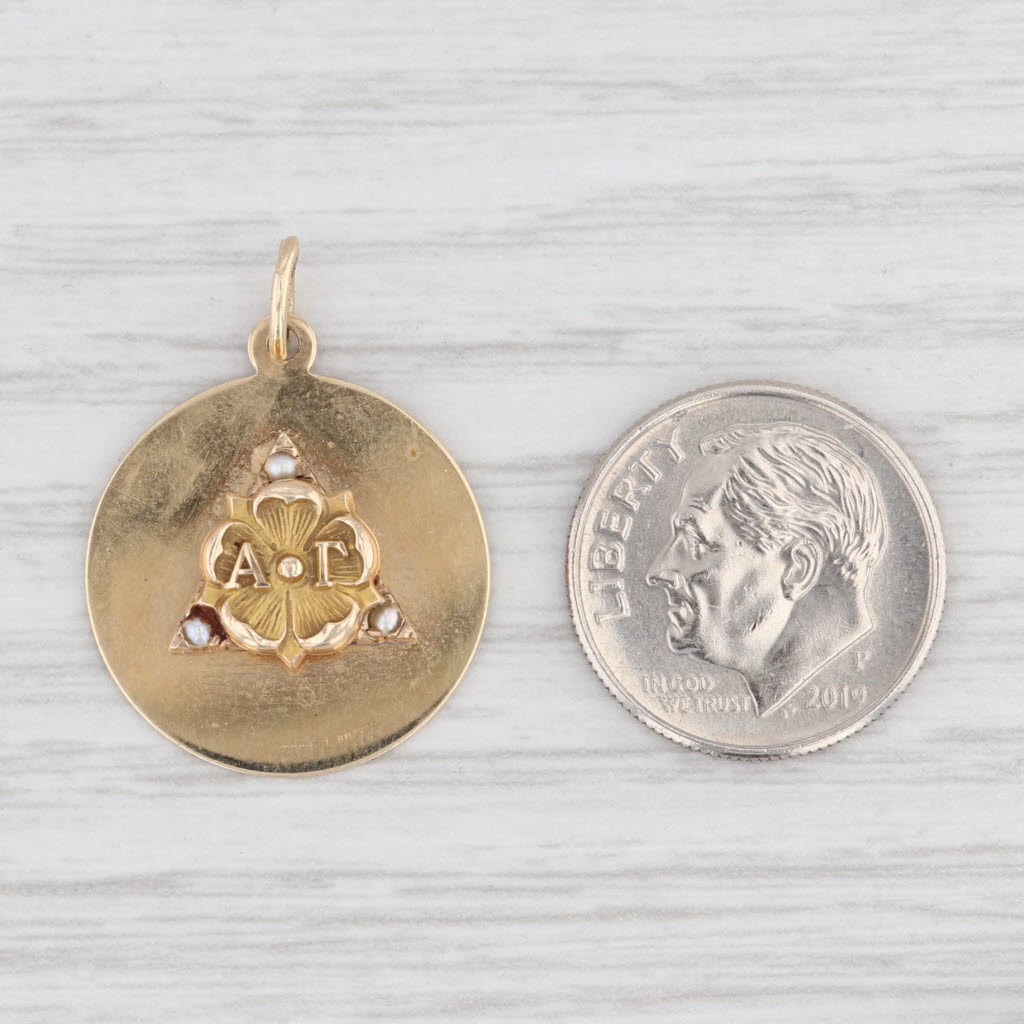 Light Gray Alpha Gamma Delta Pendant 14k Gold Pearl Sorority Mothers Badge on Charm