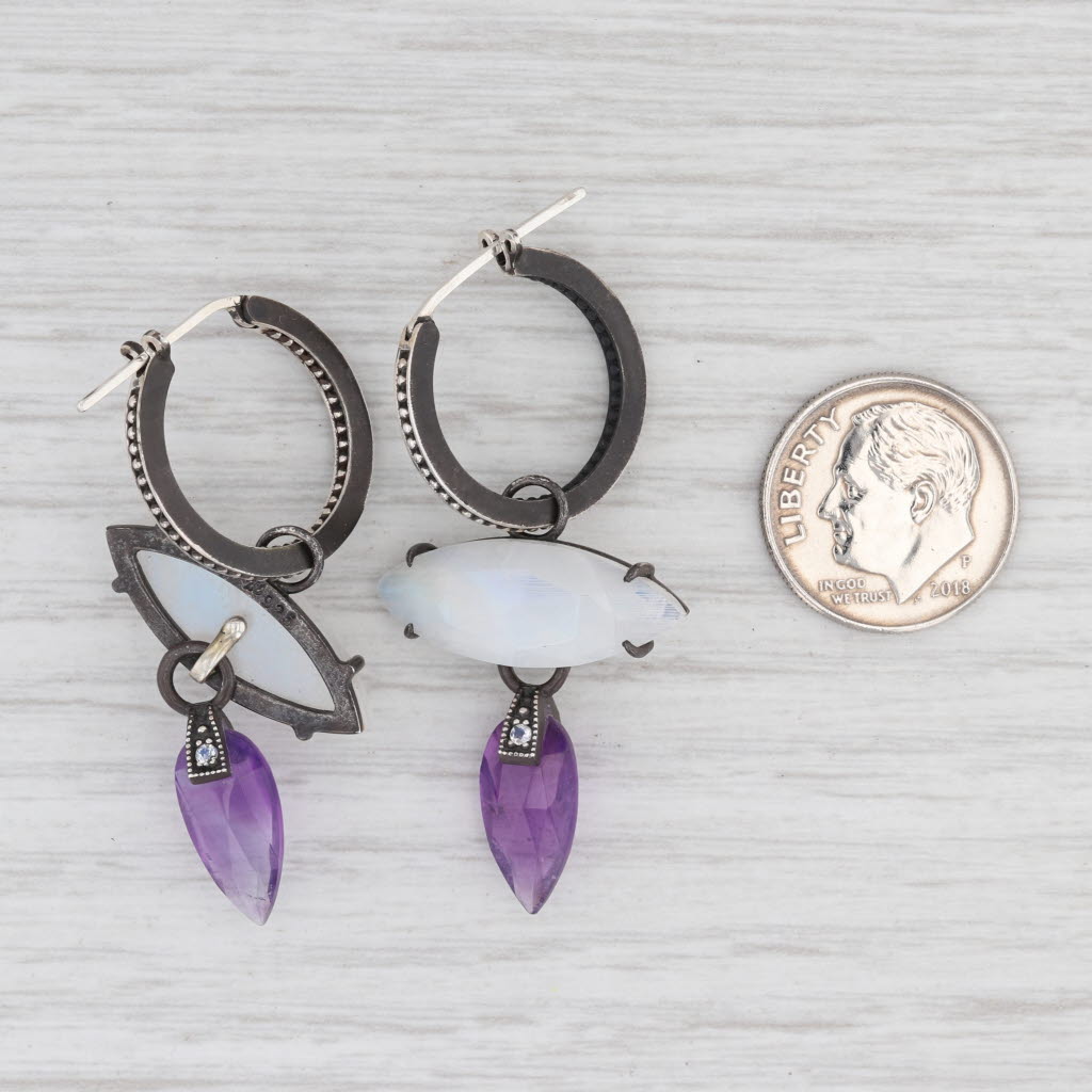 Light Gray New Nina Nguyen Hoop Charm Drops Earrings Sterling Silver Moonstone Amethyst