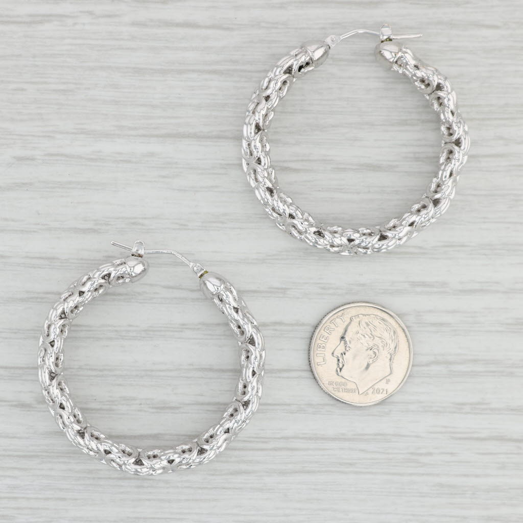 Light Gray Byzantine Hoop Earrings 14k White Gold Snap Top Round Hoops Statement