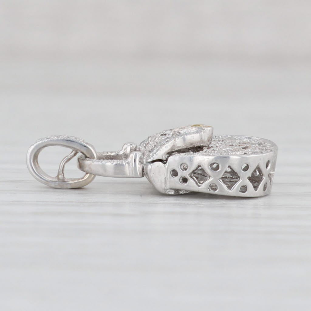 Light Gray Diamond Purse Charm 18k Gold Opens Ornate Filigree Pendant
