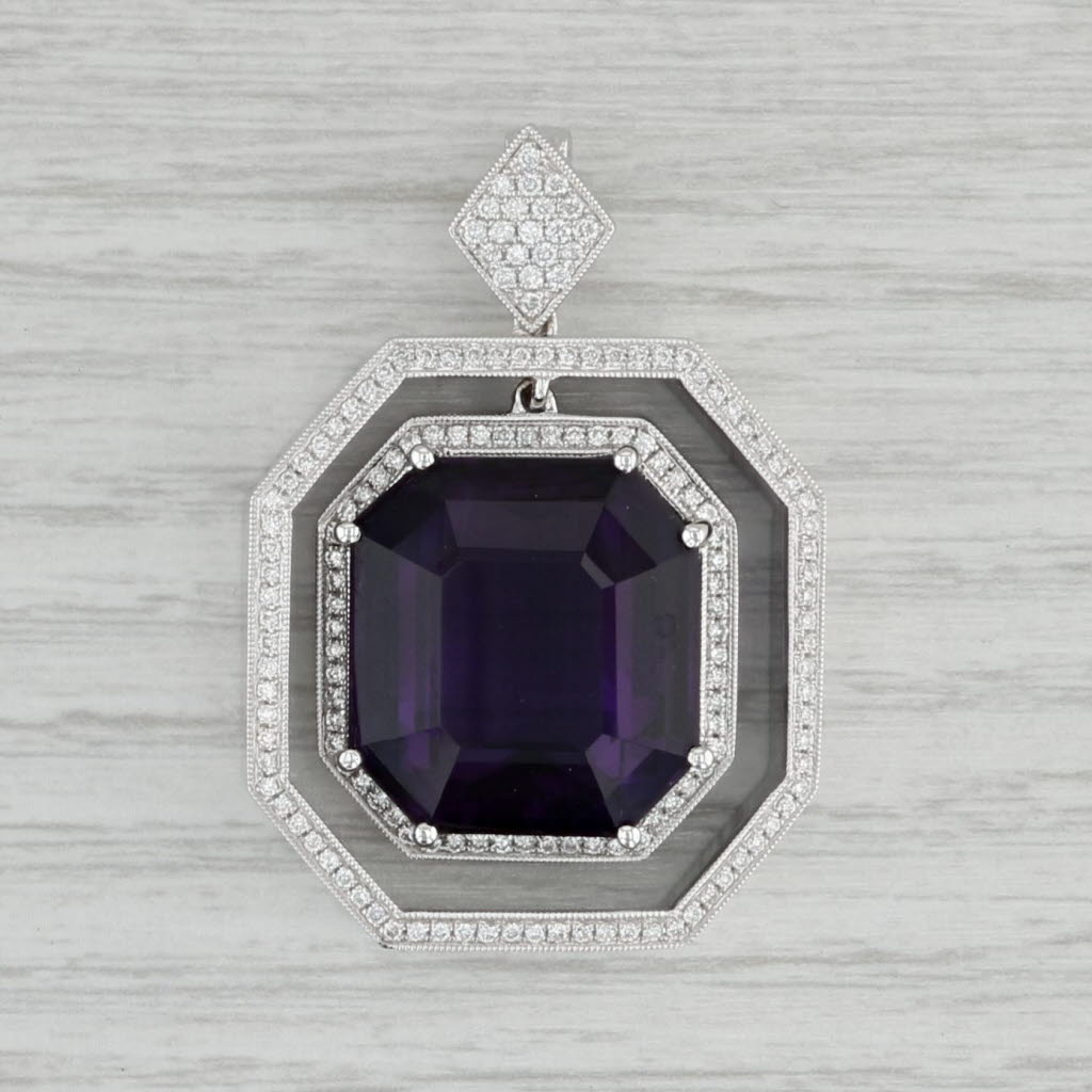 Gray 28.03ctw Amethyst Diamond Halo Enhancer Pendant 18k White Gold Statement