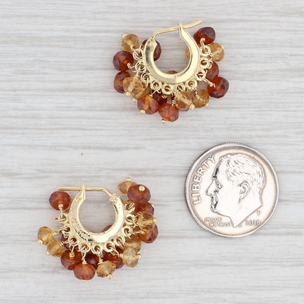 Light Gray Talisman Hessonite Garnet Citrine Bead Hoop Earrings 18k Yellow Gold Snap Top