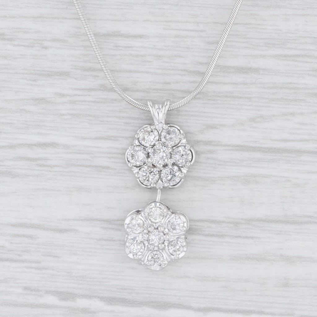 Light Gray 1.35ctw Diamond Flower Drop Pendant Necklace 14k White Gold 18" Snake Chain