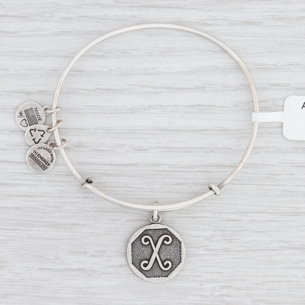 Light Gray New Alex and Ani Initial X Bangle Charm Bracelet Rafaelian Silver Expandable