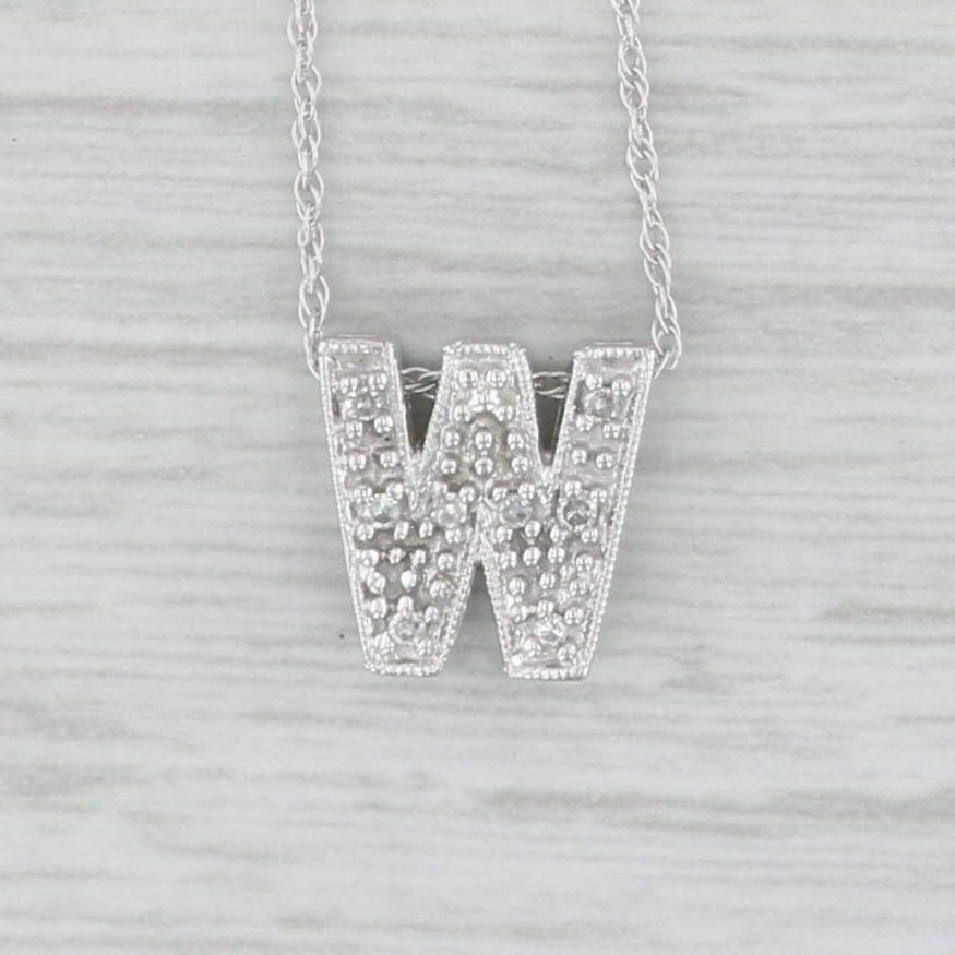 Light Gray Diamond Letter "W" Pendant Necklace 14k White Gold 18" Rope Chain