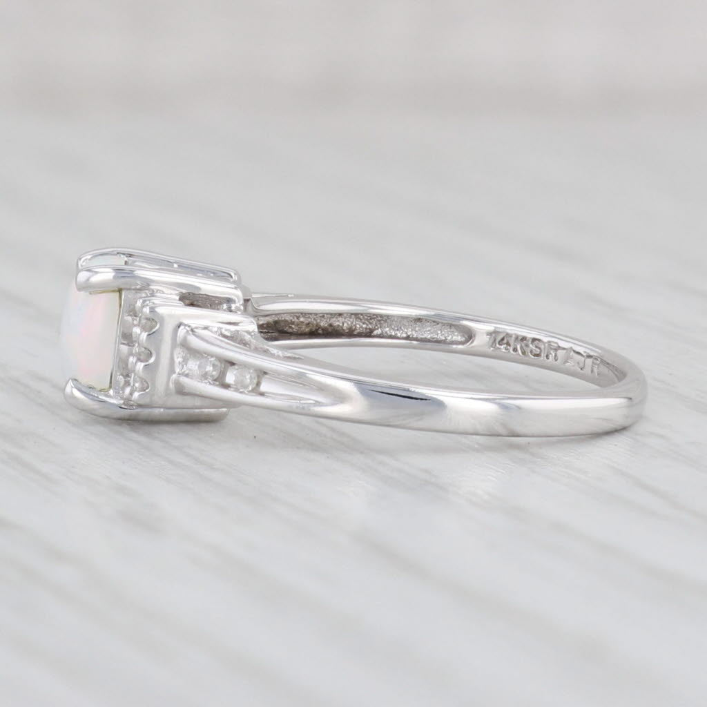 Light Gray Lab Created Opal Diamond Ring 14k White Gold Size 6 Cushion Cabochon