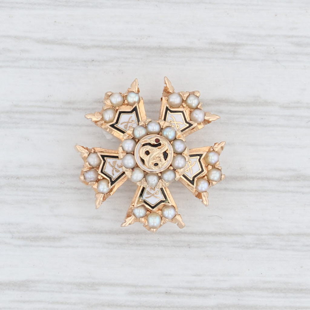 Light Gray Sigma Nu Snake Badge 14k Gold Pearls Fraternity Pin Vintage 1940s