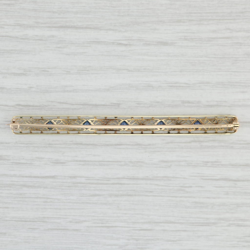 Light Gray Vintage Art Deco 0.70ctw Blue Sapphire Floral Filigree Bar Pin 14k Gold Brooch