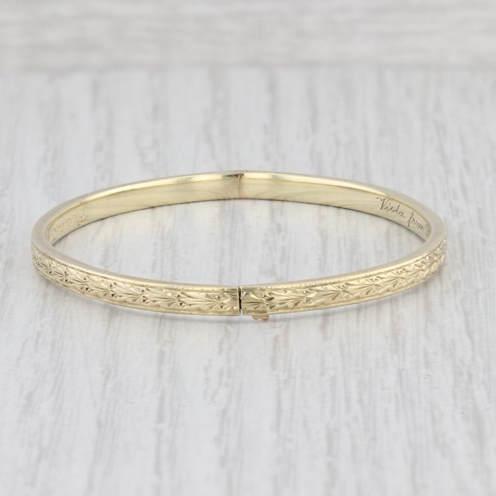 Light Gray Small Vintage Flower Bangle Bracelet 14k Yellow Gold 6" 3mm