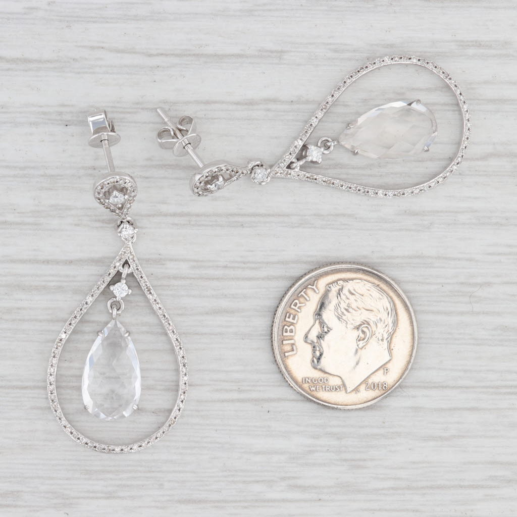 Light Gray New Quartz & Diamond Halo Teardrop Earrings 14k White Gold Pierced Dangles