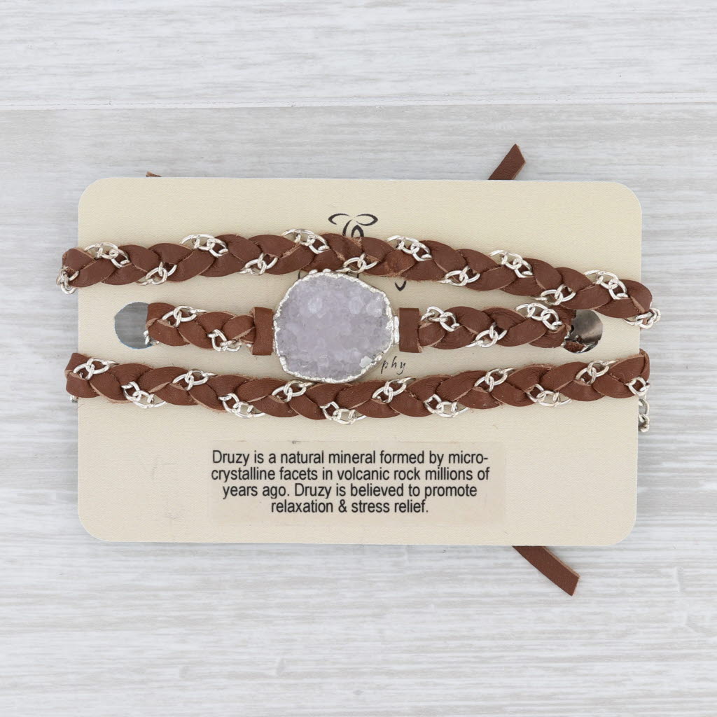 Light Gray New Cordelia Nina Nguyen Necklace Woven Brown Leather Tags Druzy Quartz