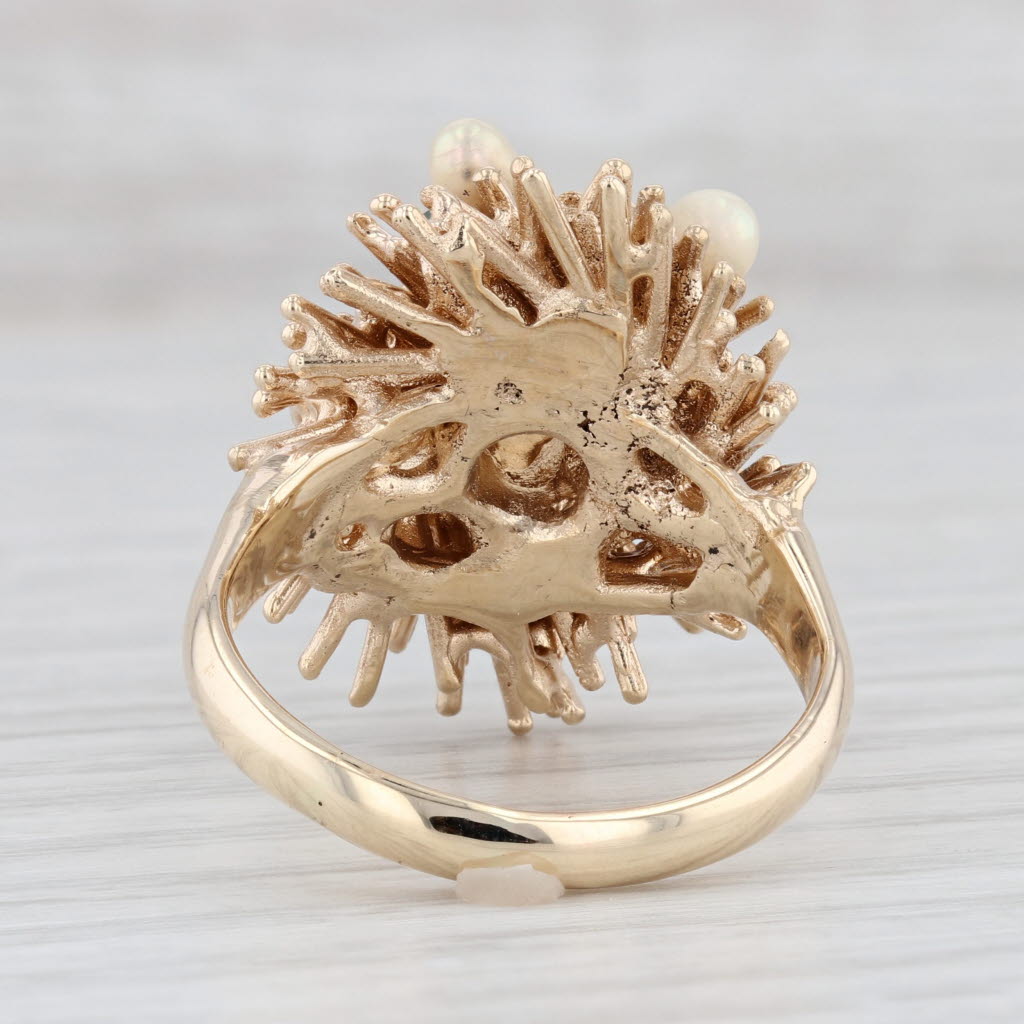 Light Gray Cultured pearl Emerald Chalcedony Cocktail Ring 14k Yellow Gold Size 10.5