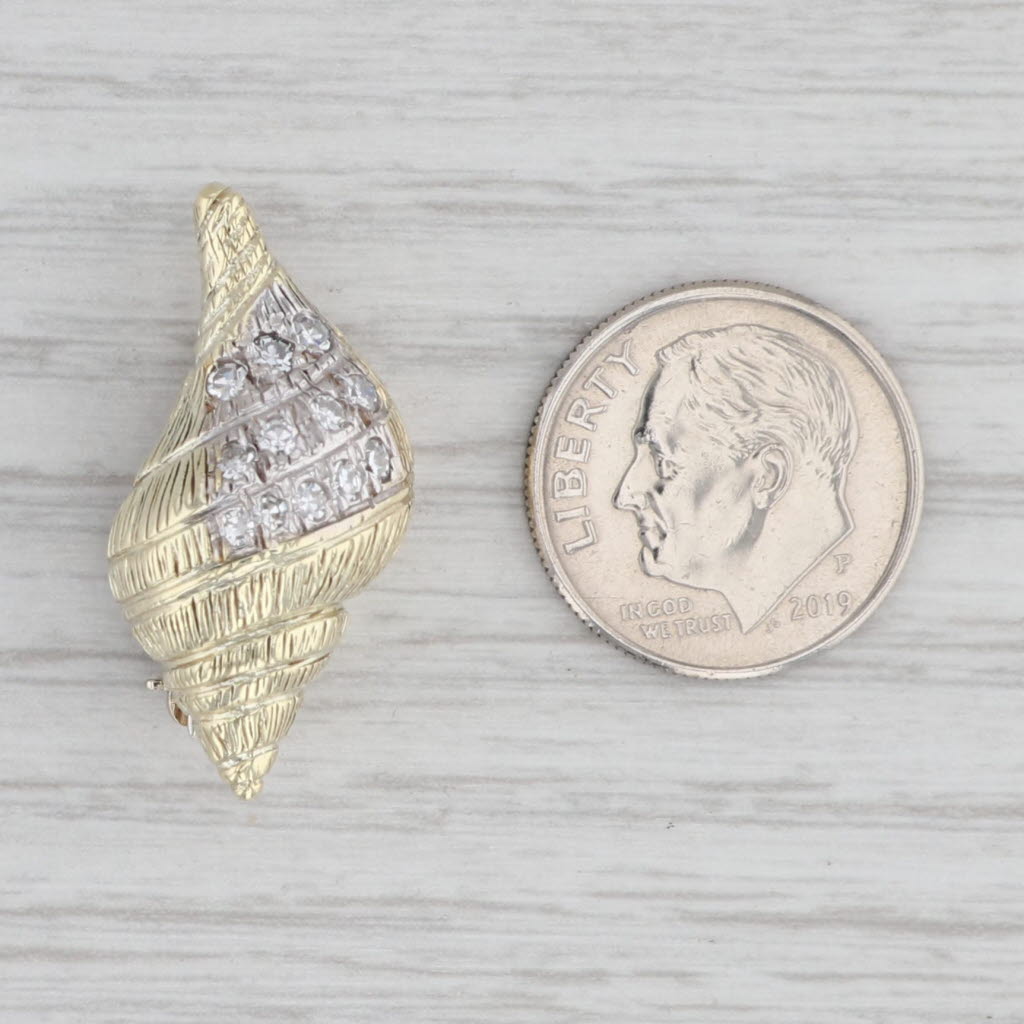 Light Gray 0.27ctw Diamond Conch Shell Pin Pendant 14k Yellow Gold Nautical Jewelry