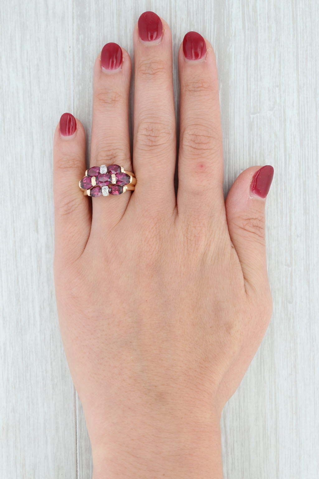 Light Gray 5.3ctw Rhodolite Garnet Cluster Ring 14k Yellow Gold Size 7.25 Cocktail