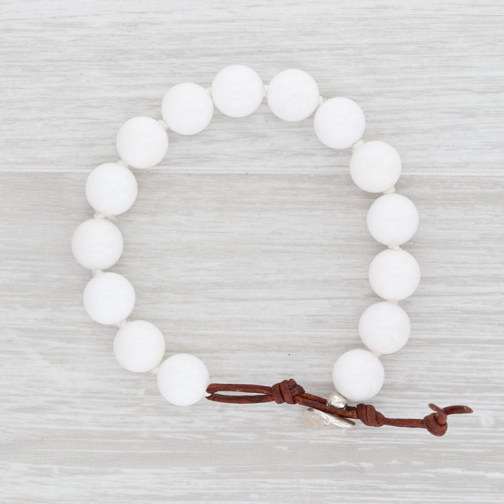 Light Gray White Marble Bead Bracelet Sterling Silver Toggle Clasp Leather Strand 7"