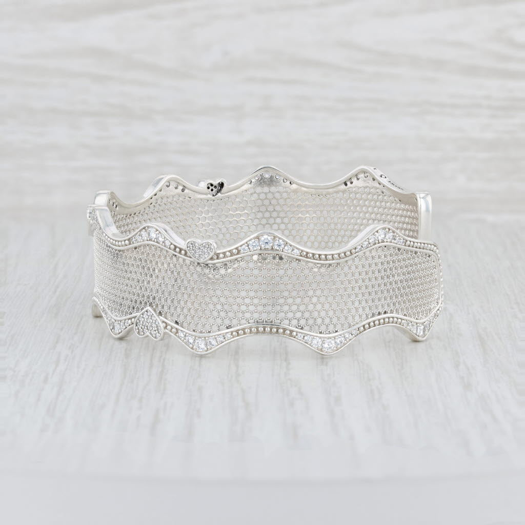 Light Gray New Authentic Pandora Pave Hearts Lace Cuff Bracelet 597704CZ Silver 6.25" 19cm
