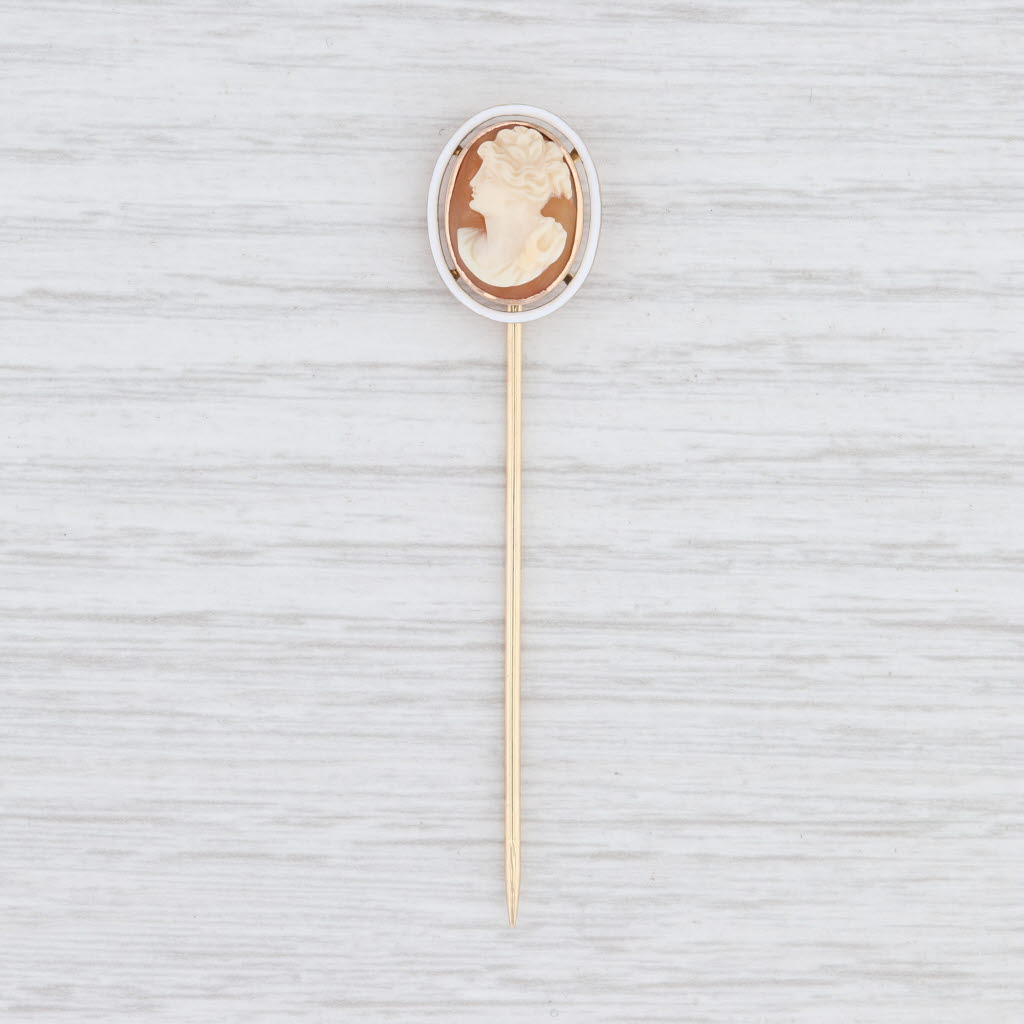 Light Gray Cameo Stickpin 14k Yellow Gold Carved Shell Enamel Vintage Pin