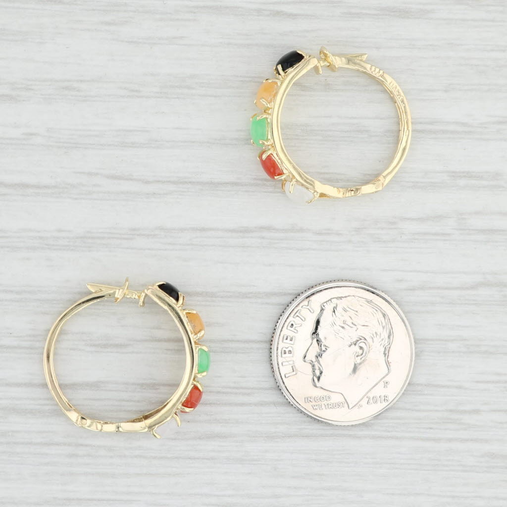 Light Gray Jadeite Jade Glass Hoop Earrings 14k Yellow Gold Pierced Round Hoops