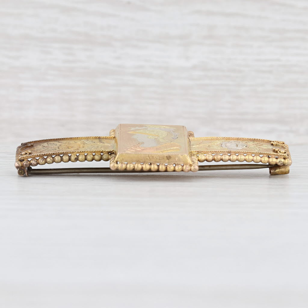 Light Gray Antique 1800s Bar Brooch Tri-toned 12-18k Gold Silver Figural Floral Pin